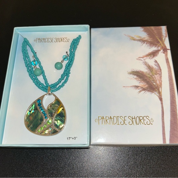 Jewelry - Paradise Shores Blue and Silver Necklace Earring Set Boxed New Beachy Statement